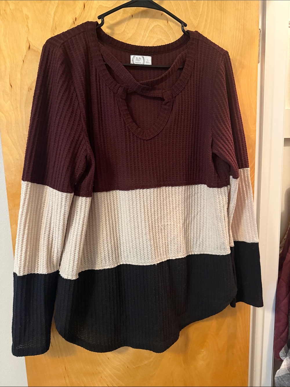 Colorblock Waffle Knit Crew Sweater in Maroon, Cream & Black